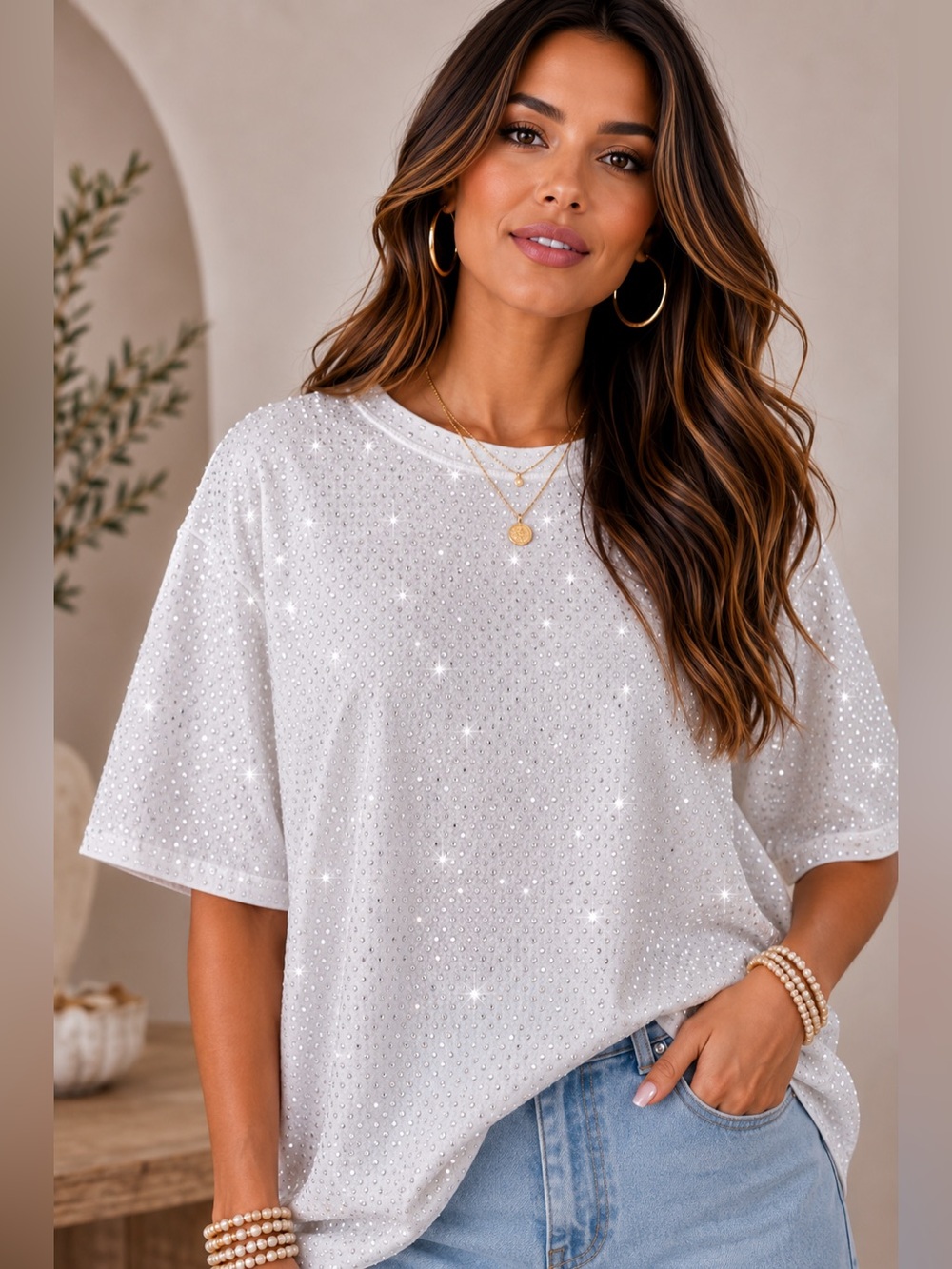 White Rhinestone Short Sleeve Top